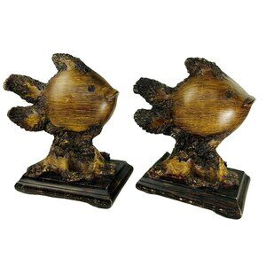 Lot 2 Large Fish Bookends Figurines Woodgrain Heavy Folk Art Sea Decor u